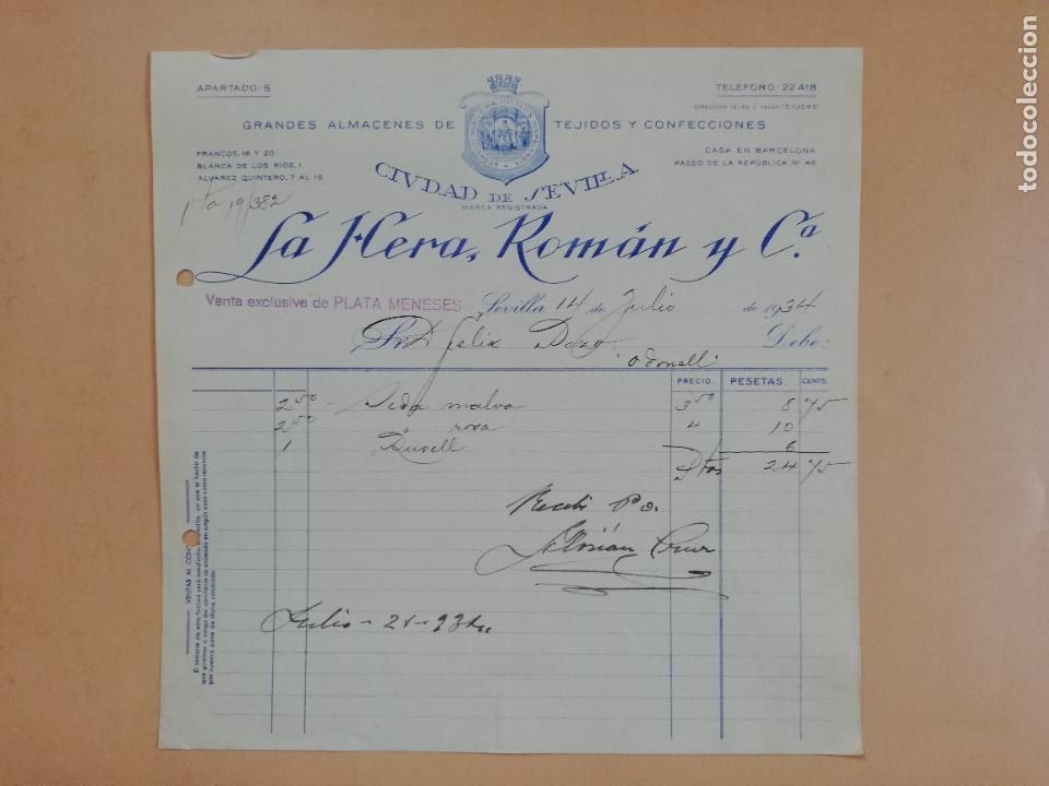Factures anciennes: FACTURA. ALMACENES DE TEJIDOS Y CONFECCIONES. LA HERA, ROMAN Y C&ordf;. SEVILLA, 1934.