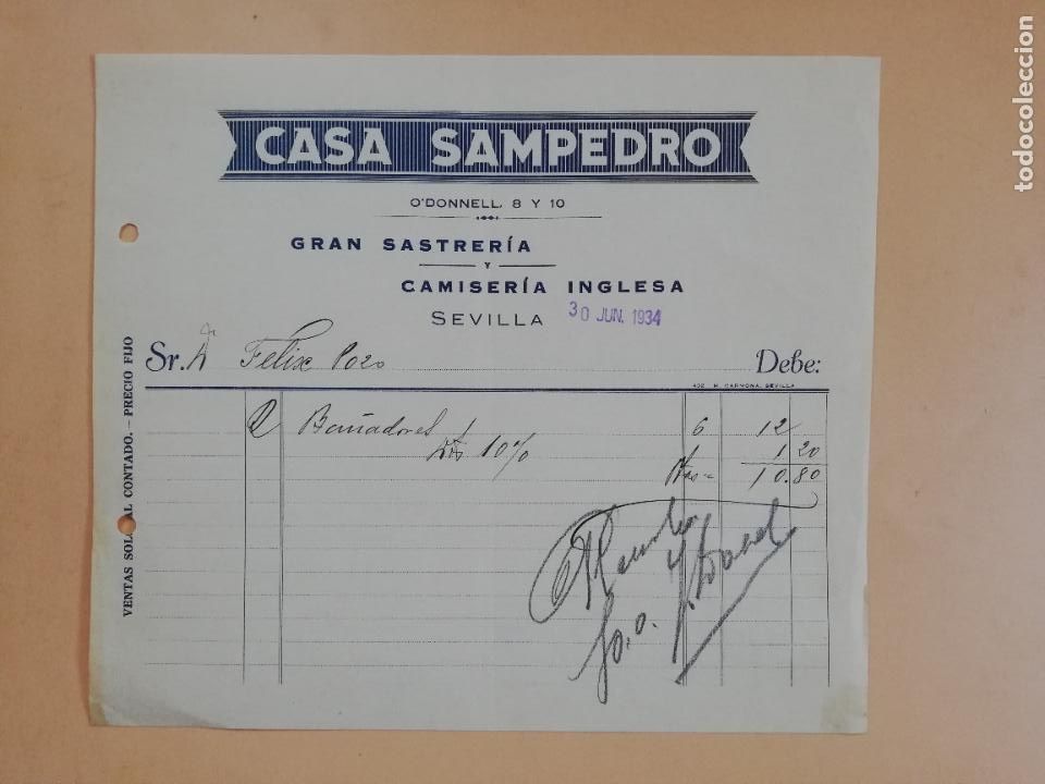 Factures anciennes: FACTURA. GRAN SASTRERIA Y CAMISERIA INGLESA. CASA SAMPEDRO. SEVILLA, 1934.