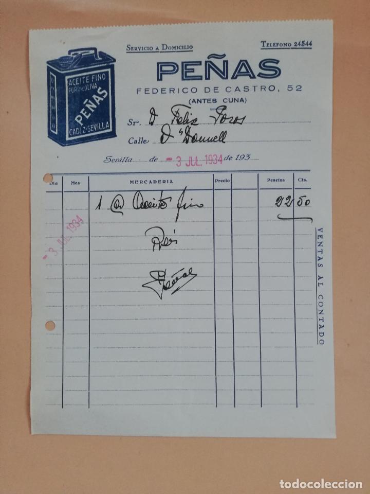Factures anciennes: FACTURA. ACEITE FINO. PURO DE OLIVA. PE&Ntilde;AS. SEVILLA, 1934.