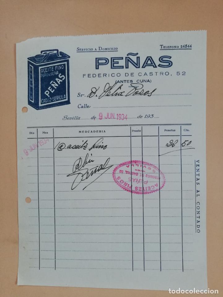 Factures anciennes: FACTURA. ACEITE FINO. PURO DE OLIVA. PE&Ntilde;AS. SEVILLA, 1934.