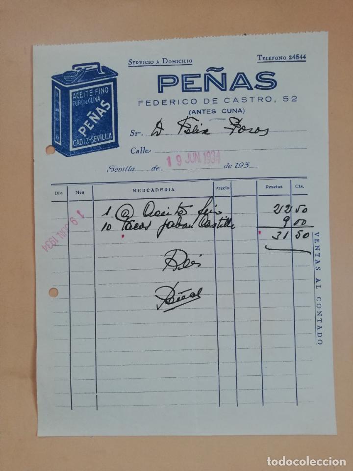 Factures anciennes: FACTURA. ACEITE FINO. PURO DE OLIVA. PE&Ntilde;AS. SEVILLA, 1934.