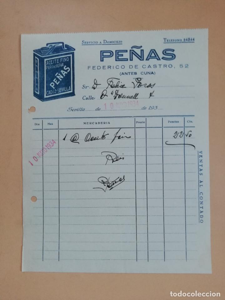 Factures anciennes: FACTURA. ACEITE FINO. PURO DE OLIVA. PE&Ntilde;AS. SEVILLA, 1934.