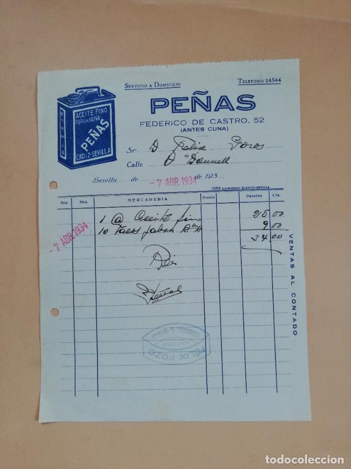 Factures anciennes: FACTURA. ACEITE FINO. PURO DE OLIVA. PE&Ntilde;AS. SEVILLA, 1934.