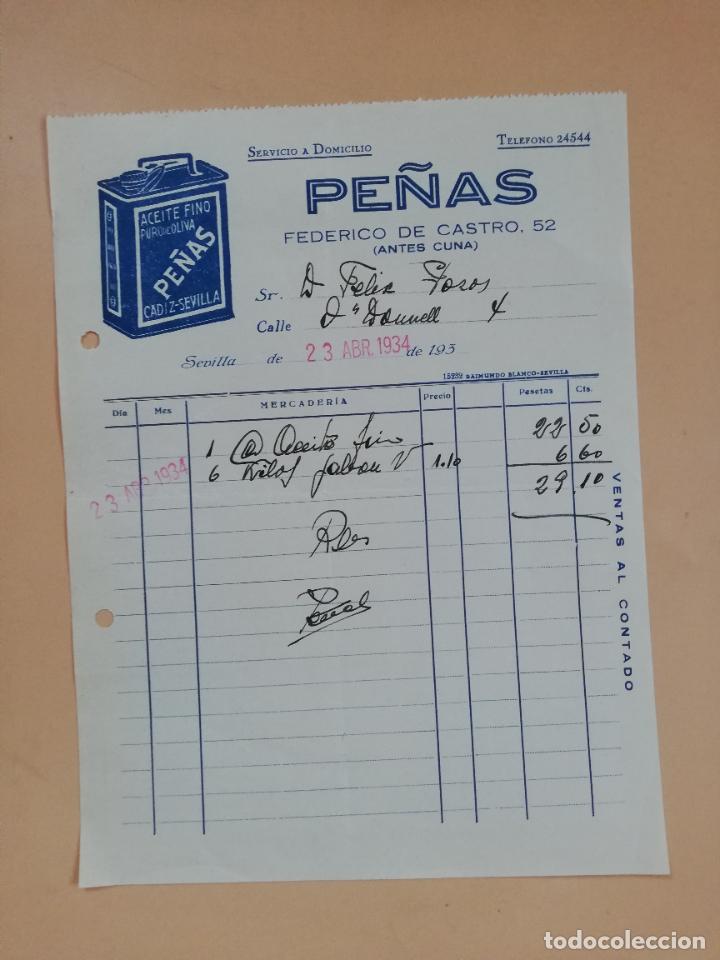 Factures anciennes: FACTURA. ACEITE FINO. PURO DE OLIVA. PE&Ntilde;AS. SEVILLA, 1934.