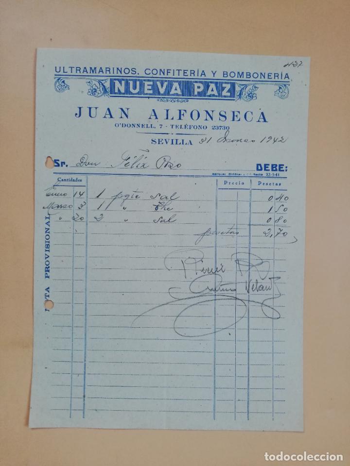 Factures anciennes: FACTURA. ULTRAMARINOS, CONFITERIA Y BOMBONERIA. NUEVA PAZ. JUAN ALFONSECA. SEVILLA, 1942.