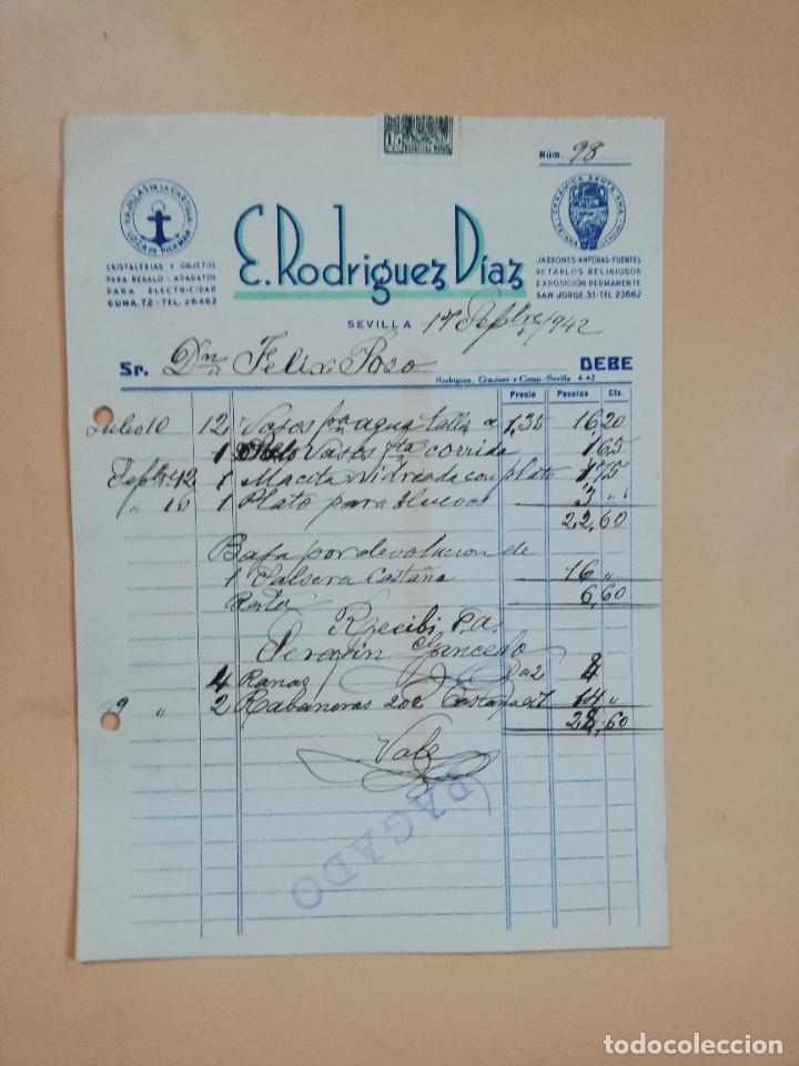 Factures anciennes: FACTURA. CRISTALERIAS. E. RODRIGUEZ DIAZ. SEVILLA, 1942.