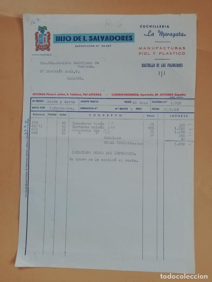 Factures anciennes: FACTURA. CUCHILLERIA LA MARAGATA. HIJO DE J. SALVADORES. CASTRILLO DE LOS POLVAZARES, ASTORGA. 1968.