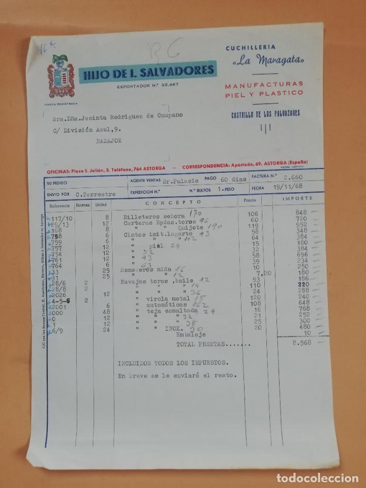 Factures anciennes: FACTURA. CUCHILLERIA LA MARAGATA. HIJO DE J. SALVADORES. CASTRILLO DE LOS POLVAZARES, ASTORGA. 1968.