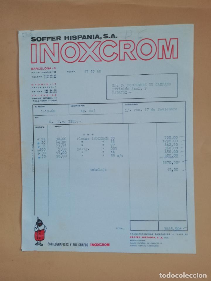 Factures anciennes: FACTURA. SOFFER HISPANIA, RG. INOXCROM, ESTILOGRAFICAS Y BOLIGRAFOS. BARCELONA, 1968.