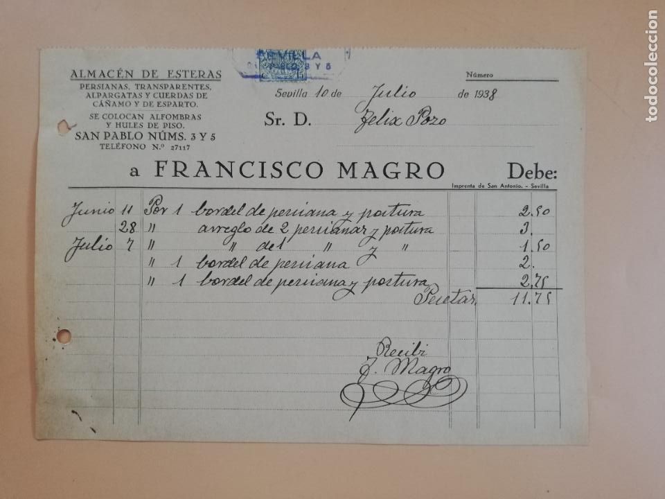 Factures anciennes: FACTURA. ALMACEN DE ESTERA. FRANCISCO MAGRO. SEVILLA, 1938.