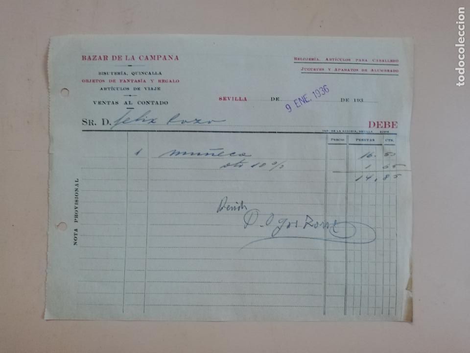 Old Invoices: FACTURA. BAZAR DE LA CAMPANA. SEVILLA, 1936.