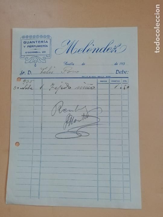 Factures anciennes: FACTURA. GUANTERIA Y PERFUMERIA. MELENDEZ. SEVILLA, 1935.