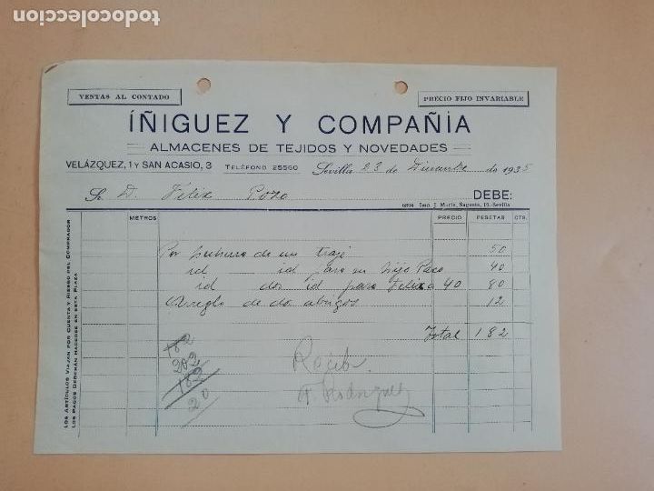 Factures anciennes: FACTURA. ALMACENES DE TEJIDOS. I&Ntilde;IGUEZ Y COMPA&Ntilde;IA. SEVILLA, 1935.