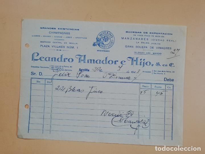 Factures anciennes: FACTURA. BODEGAS DE VINOS. LEANDRO AMADOR E HIJO. SEVILLA, 1943.