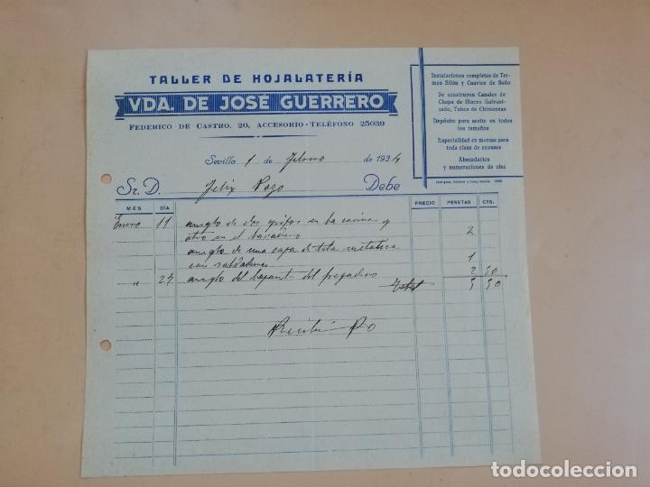 Factures anciennes: FACTURA. TALLER DE HOJALATERIA. VDA. DE JOSE GUERRERO. SEVILLA, 1934.