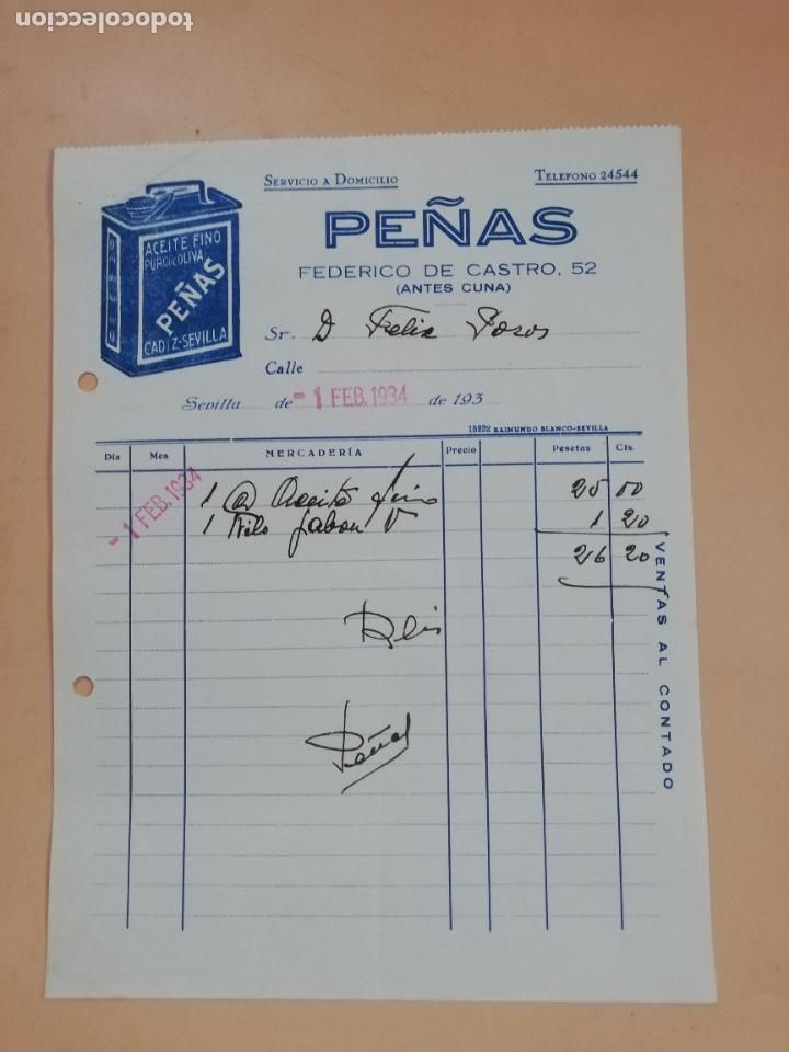 Factures anciennes: FACTURA. ACEITE FINO. PURO DE OLIVA. PE&Ntilde;AS. SEVILLA, 1934.