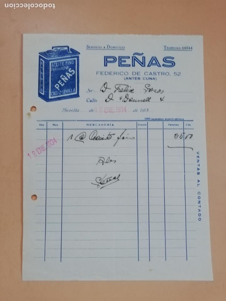 Factures anciennes: FACTURA. ACEITE FINO. PURO DE OLIVA. PE&Ntilde;AS. SEVILLA, 1934.