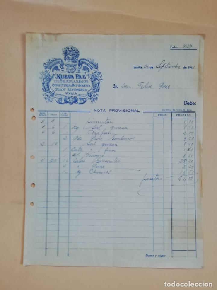Factures anciennes: FACTURA. ULTRAMARINOS. CONFITERIA Y BOMBONERIA. JUAN ALFONSECA. NUEVA PAZ. SEVILLA, 1941.