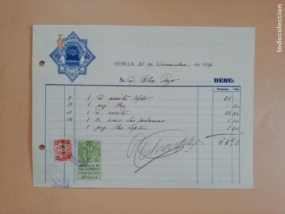 Factures anciennes: FACTURA. LA FLOR DE LA SIERRA. OTILIO MARTIN MU&Ntilde;IZ. SEVILLA, 1936.