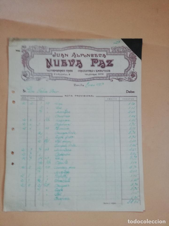 Factures anciennes: FACTURA. ULTRAMARINOS FINOS. CONSERVAS Y EMBUTIDOS. NUEVA PAZ. JUAN ALFONSECA. SEVILLA, 1937. 2HOJAS