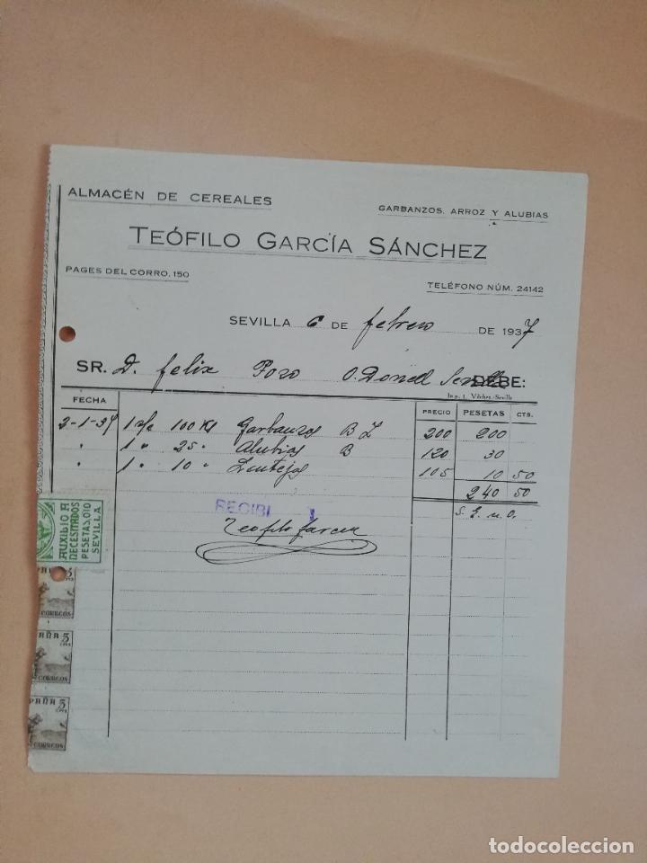 Factures anciennes: FACTURA. ALMACEN DE CEREALES. TEOFILO GARCIA SANCHEZ. SEVILLA, 1937.