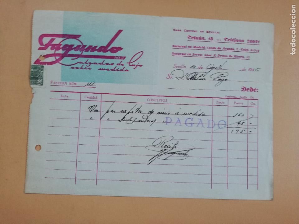 Factures anciennes: FACTURA. CALZADOS DE LUJO. FAGUNDO. SEVILLA, 1945.