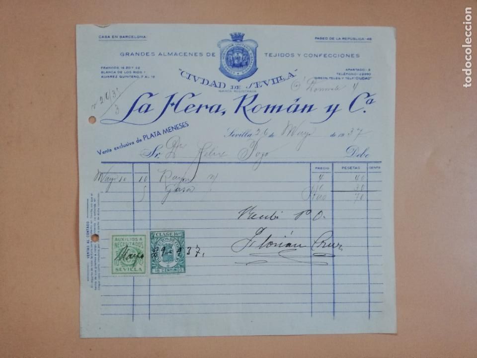 Factures anciennes: FACTURA. GRANDES ALMACENES DE TEJIDOS Y CONFECCIONES. LA HERA, ROMAN Y C&ordf;. SEVILLA, 1937.
