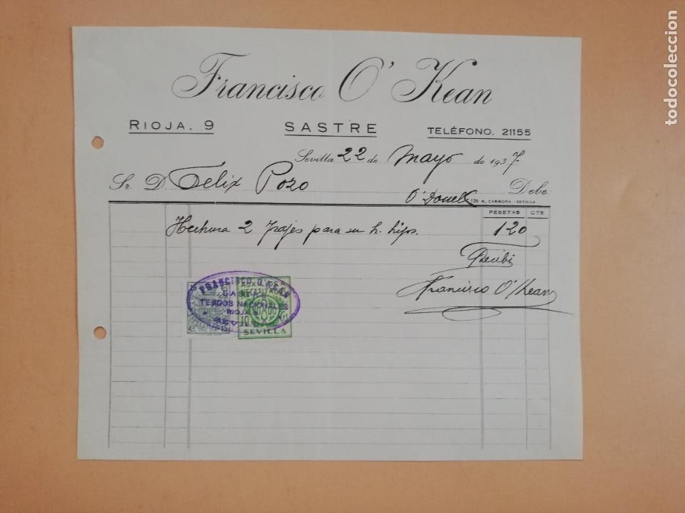 Factures anciennes: FACTURA. SASTRE. FRANCISCO O'KEAN. SEVILLA, 1937.