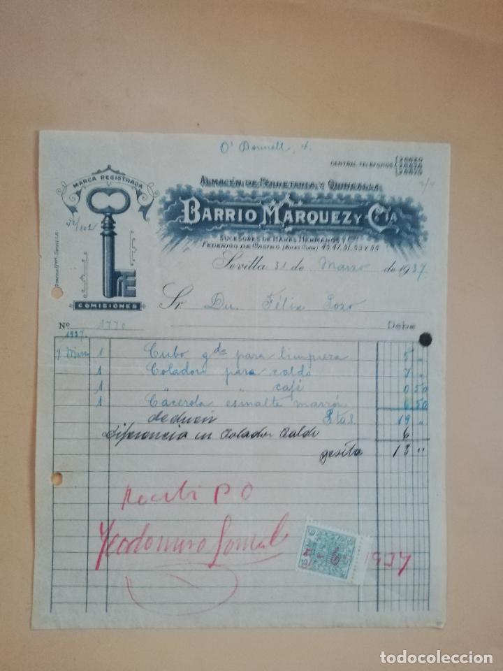 Factures anciennes: FACTURA. ALMACEN DE FERRETERIA Y QUINCALLA. BARRIO MARQUEZ Y CIA. SEVILLA, 1937.