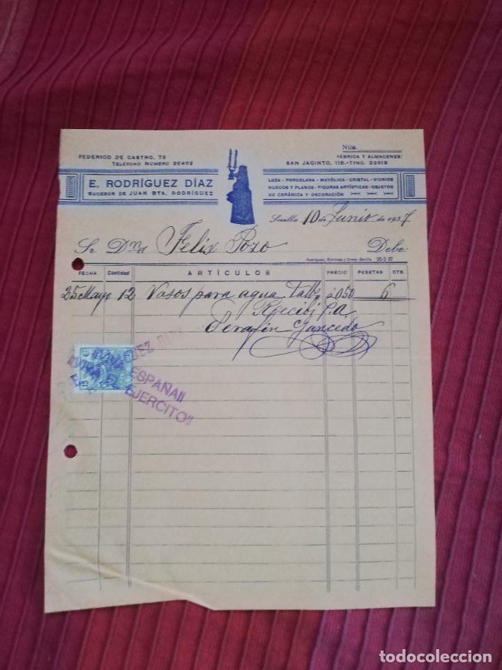 Factures anciennes: FACTURA. LOZA-PORCELANA-MAYOLICA. E. RODRIGUEZ DIAZ. SEVILLA, 1937.
