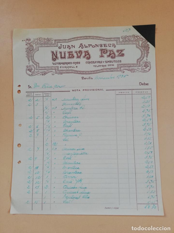 Factures anciennes: FACTURA. ULTRAMARINOS FINOS. CONSERVAS Y EMBUTIDOS. NUEVA PAZ. JUAN ALFONSECA. SEVILLA, 1936.