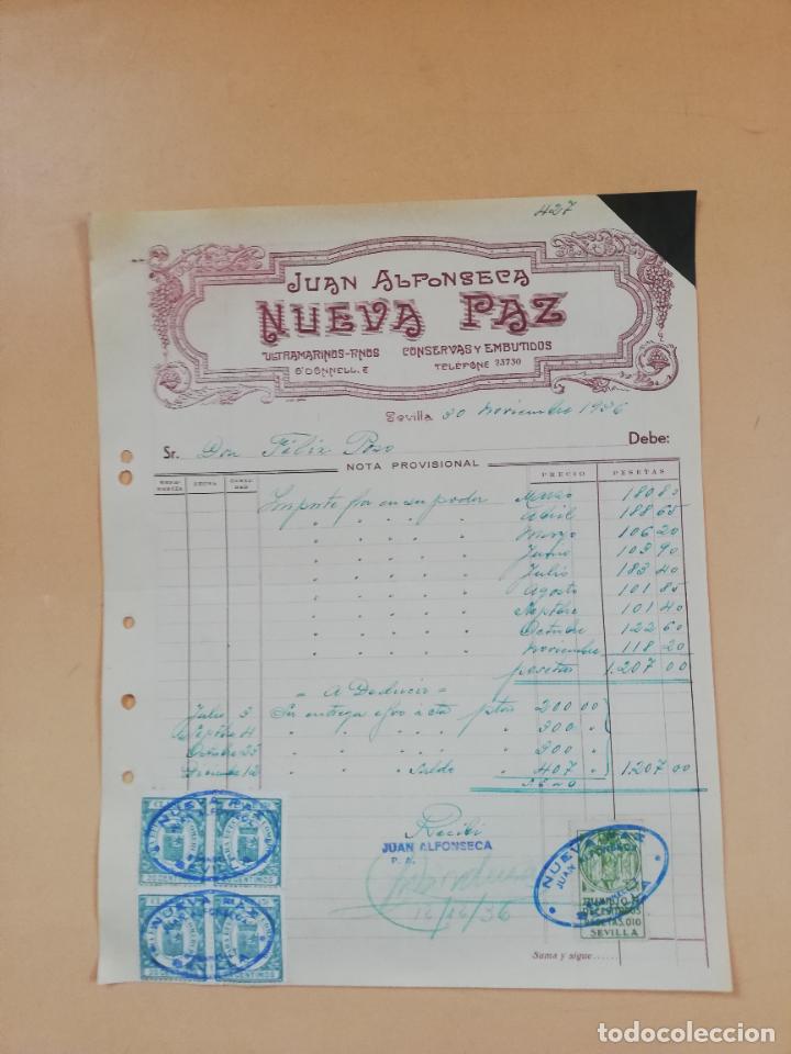 Factures anciennes: FACTURA. ULTRAMARINOS FINOS. CONSERVAS Y EMBUTIDOS. NUEVA PAZ. JUAN ALFONSECA. SEVILLA, 1936.