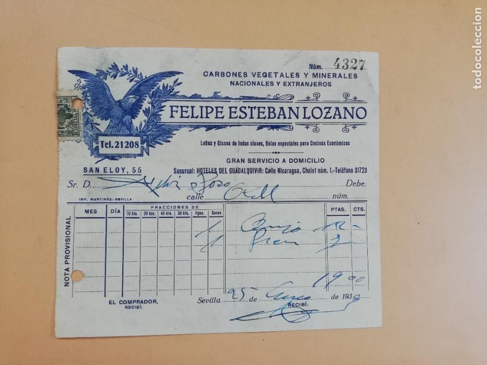 Factures anciennes: FACTURA. CARBONES VEGETALES Y MINERALES. FELIPE ESTEBAN LOZANO. SEVILLA, 1930.