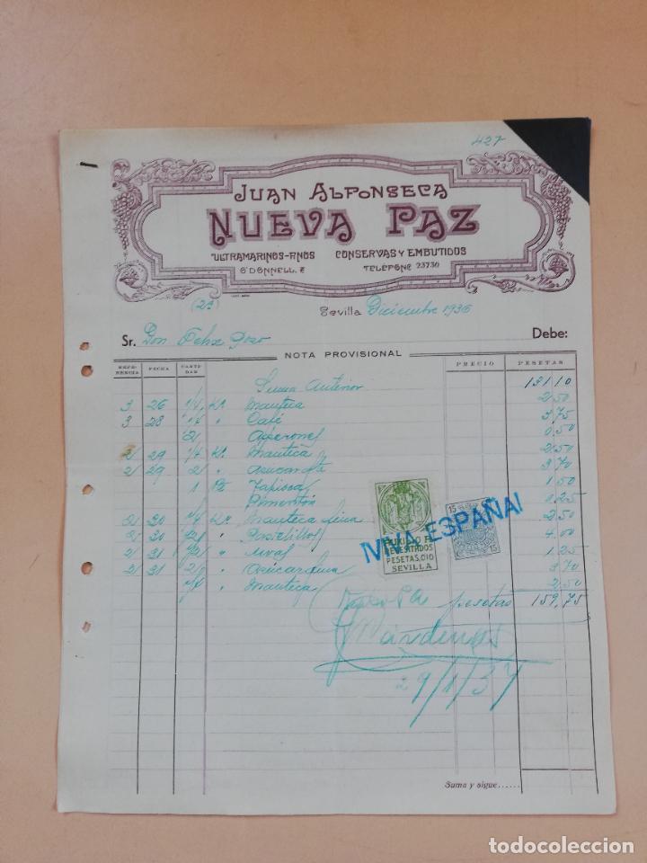 Factures anciennes: FACTURA. ULTRAMARINOS FINOS. CONSERVAS Y EMBUTIDOS. NUEVA PAZ. JUAN ALFONSECA. SEVILLA, 1936. 2HOJAS