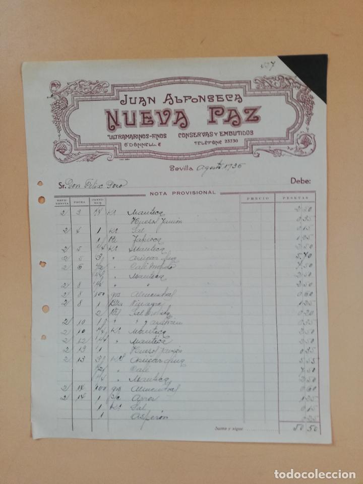 Factures anciennes: FACTURA. ULTRAMARINOS FINOS. CONSERVAS Y EMBUTIDOS. NUEVA PAZ. JUAN ALFONSECA. SEVILLA, 1936.