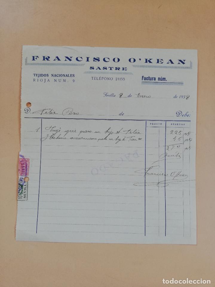 Factures anciennes: FACTURA. TEJIDOS NACIONALES. FRANCISCO O'KEAN. SASTRE. SEVILLA, 1938.