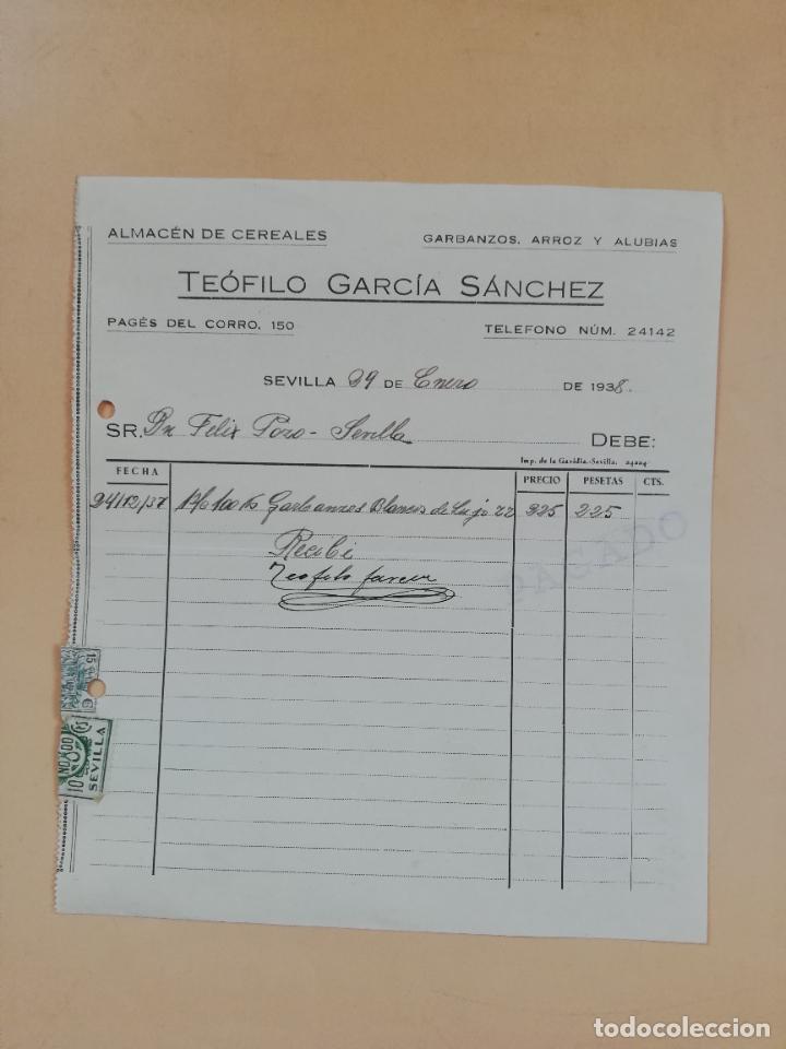 Factures anciennes: FACTURA. ALMACEN DE CEREALES. GARBANZOS-ARROZ-ALUBIAS. TEOFILO GARCIA. SEVILLA, 1938.