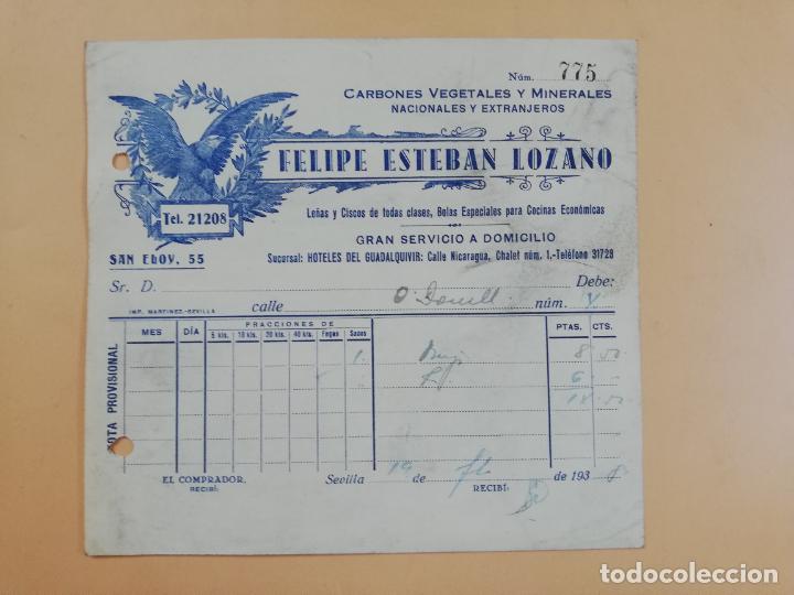 Factures anciennes: FACTURA. CARBONES VEGETALES Y MINERALES. FELIPE ESTEBAN LOZANO. SEVILLA, 1938.