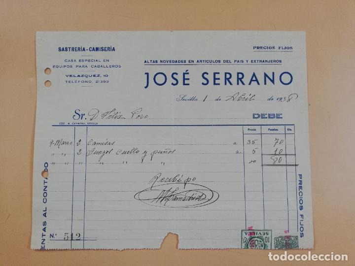 Factures anciennes: FACTURA. SASTRERIA-CAMISERIA. JOSE SERRANO. SEVILLA, 1938.