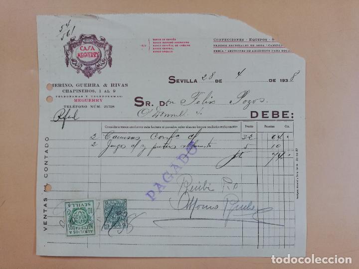 Factures anciennes: FACTURA. CASA MEGURRY. MERINO, GUERRA & RIVAS. SEVILLA, 1938.