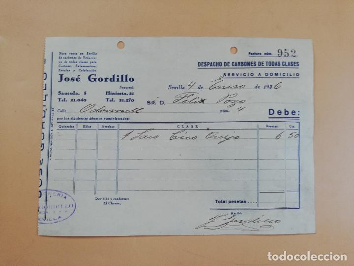 Factures anciennes: FACTURA. DESPACHO DE CARBONES. JOSE GORDILLO. SEVILLA, 1936.