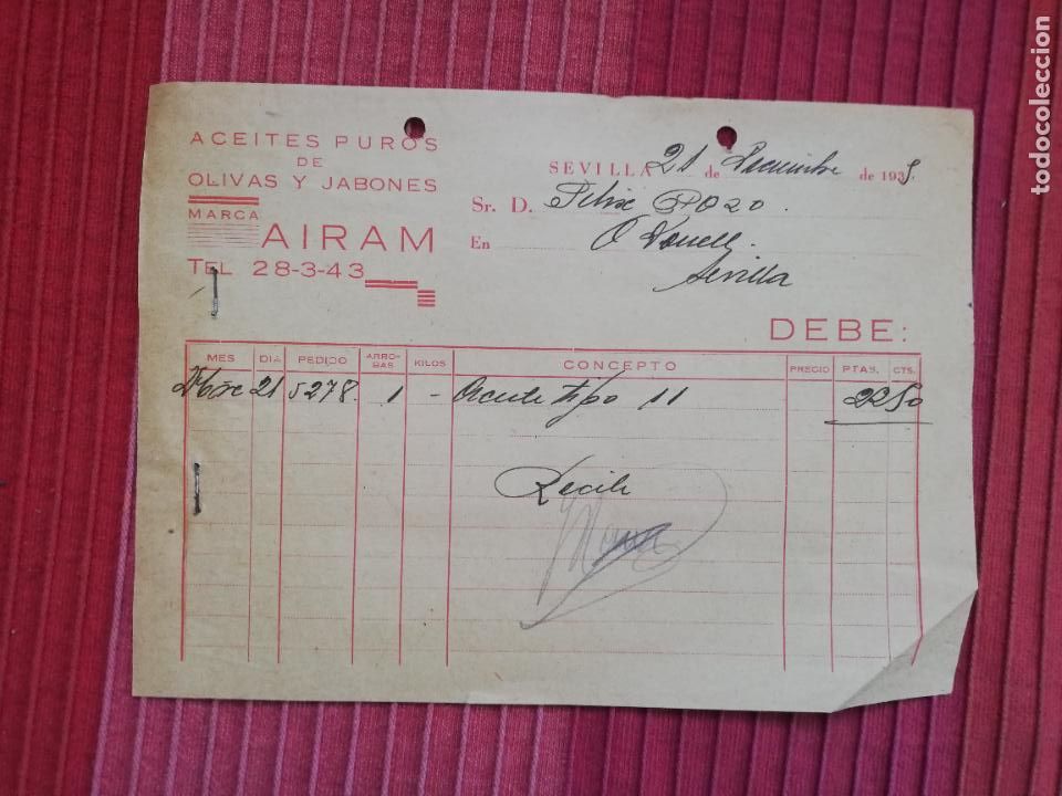 Factures anciennes: FACTURA. ACEITES PUROS DE OLIVAS Y JABONES. AIRAM. SEVILLA, 1935.