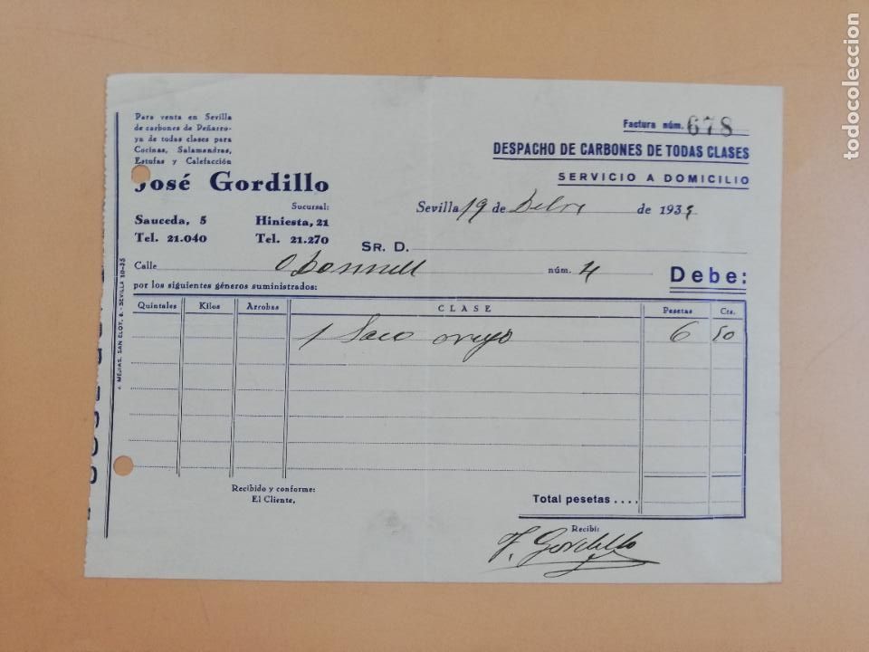Factures anciennes: FACTURA. DESPACHO DE CARBONES. JOSE GORDILLO. SEVILLA, 1935.