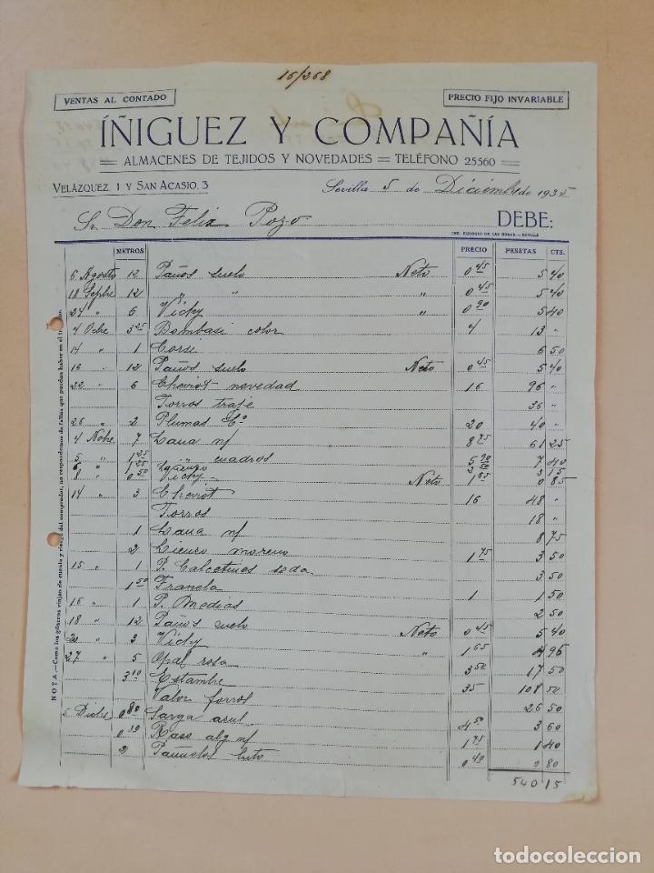 Factures anciennes: FACTURA. ALMACENES DE TEJIDOS. I&Ntilde;IGUEZ Y COMPA&Ntilde;IA. SEVILLA, 1935.