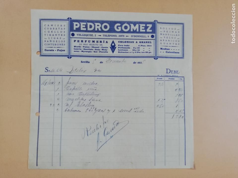 Factures anciennes: FACTURA. CAMISAS-CORBATAS-CUELLOS. PEDRO GOMEZ. SEVILLA, 1935.