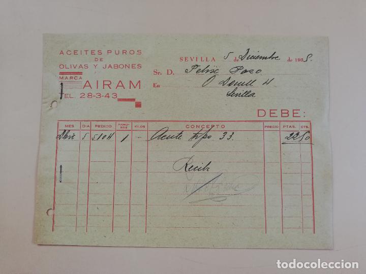 Factures anciennes: FACTURA. ACEITES PUROS DE OLIVAS Y JABONES. AIRAM. SEVILLA, 1935.
