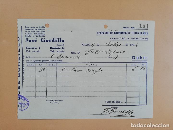 Factures anciennes: FACTURA. DESPACHO DE CARBONES. JOSE GORDILLO. SEVILLA, 1935.