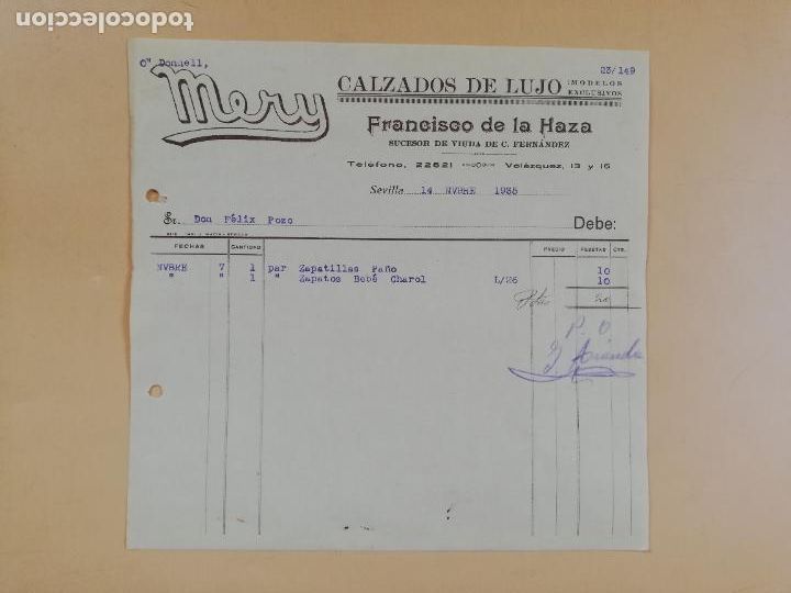 Factures anciennes: FACTURA. MERY, CALZADOS DE LUJO. FRANCISCO DE LA HAZA. SEVILLA, 1935.
