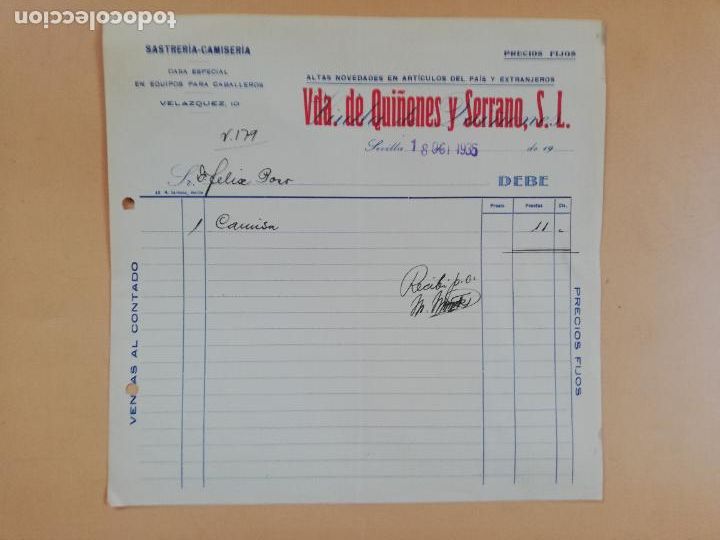 Factures anciennes: FACTURA. SASTRERIA Y CAMISERIA. VDA. DE QUI&Ntilde;ONES Y SERRANO. SEVILLA, 1935.