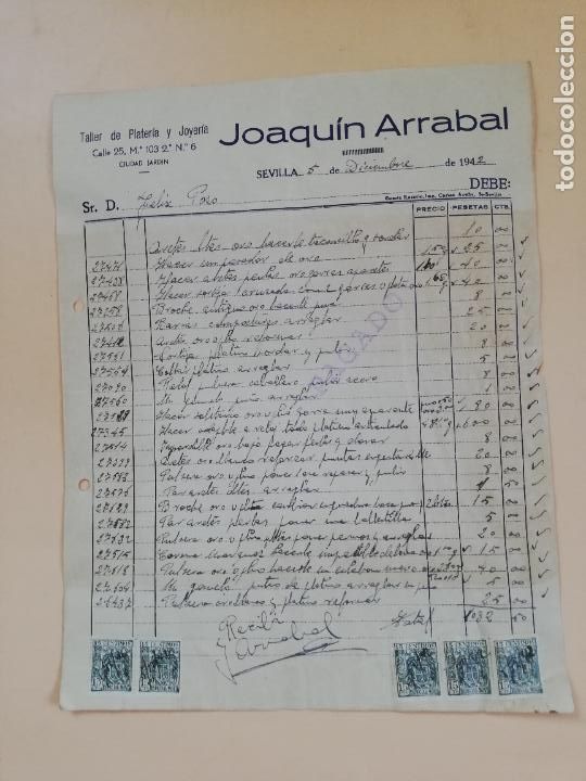 Factures anciennes: FACTURA. TALLER DE PLATERIA Y JOYERIA. JOAQUIN ARRABAL. SEVILLA, 1942.